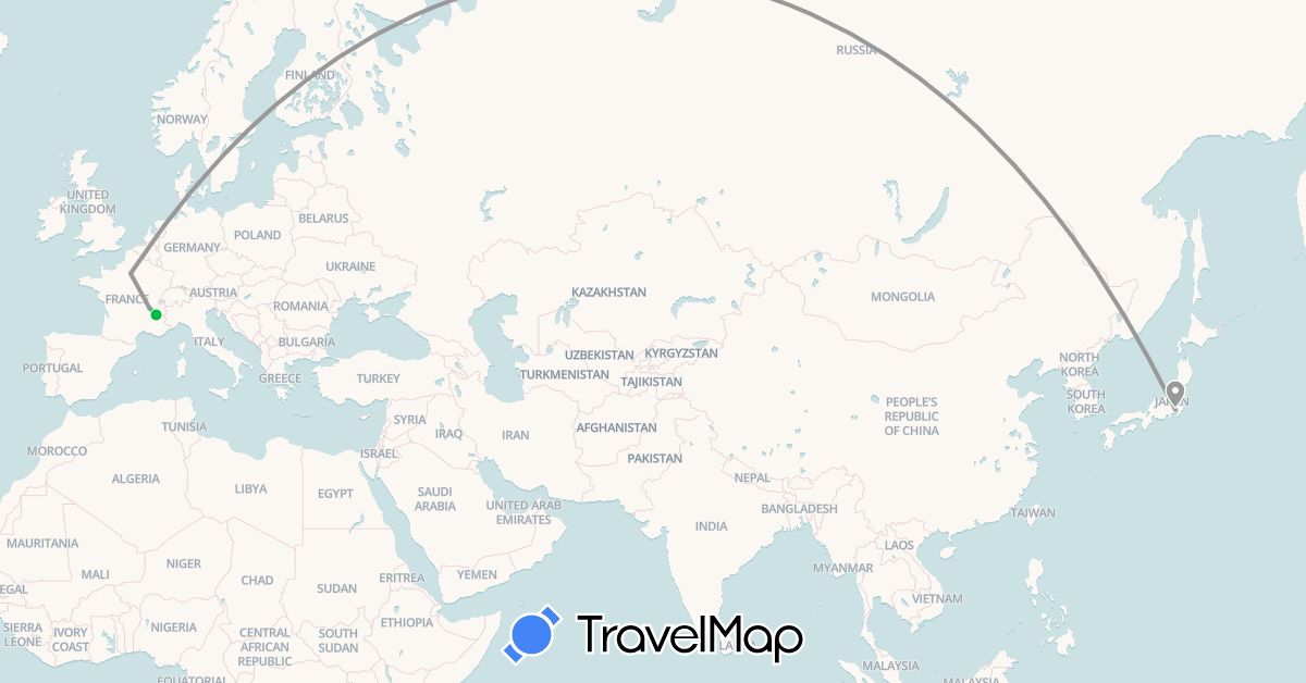 TravelMap itinerary: driving, bus, plane in France, Japan (Asia, Europe)